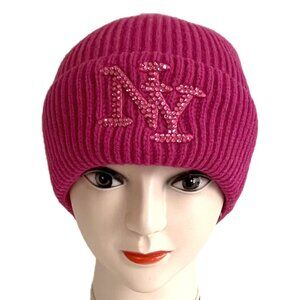 Men Women Rhinestones NY Winter Knit Fur lined Thick Beanie Hat -Fuchsia